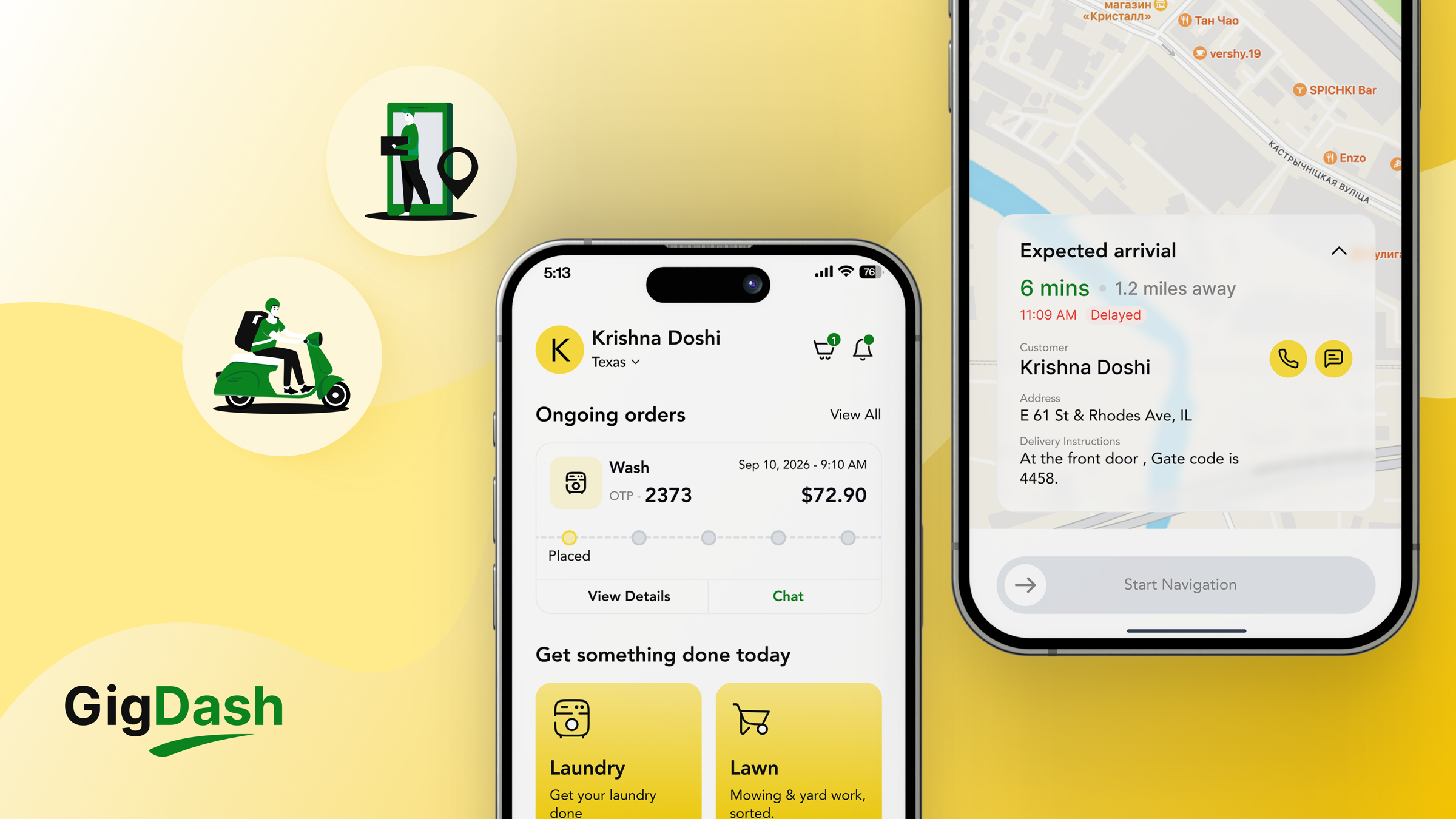 GigDash mobile app showing service orders and delivery tracking