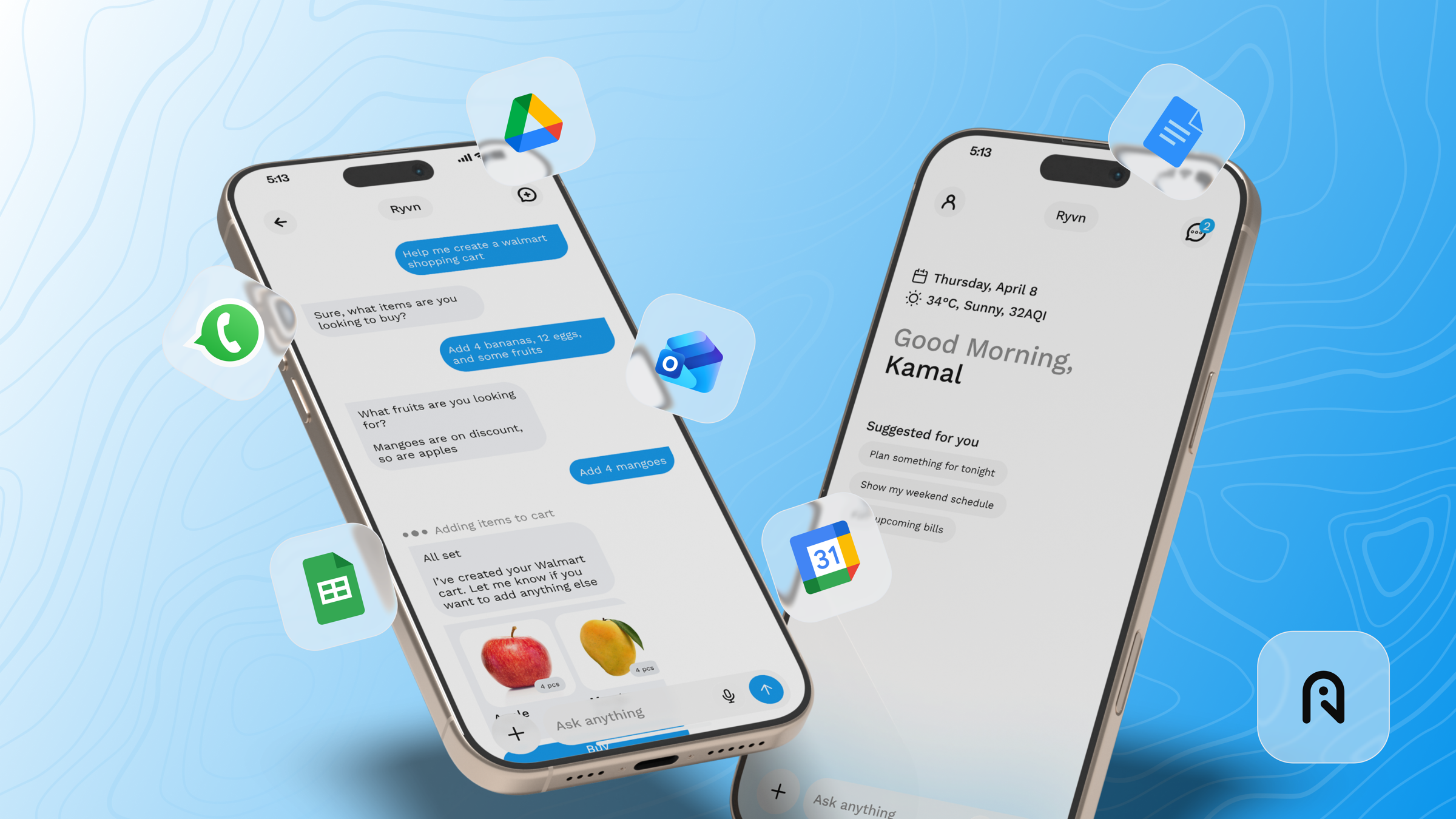 Ryvn AI assistant mobile app with chat and daily suggestions
