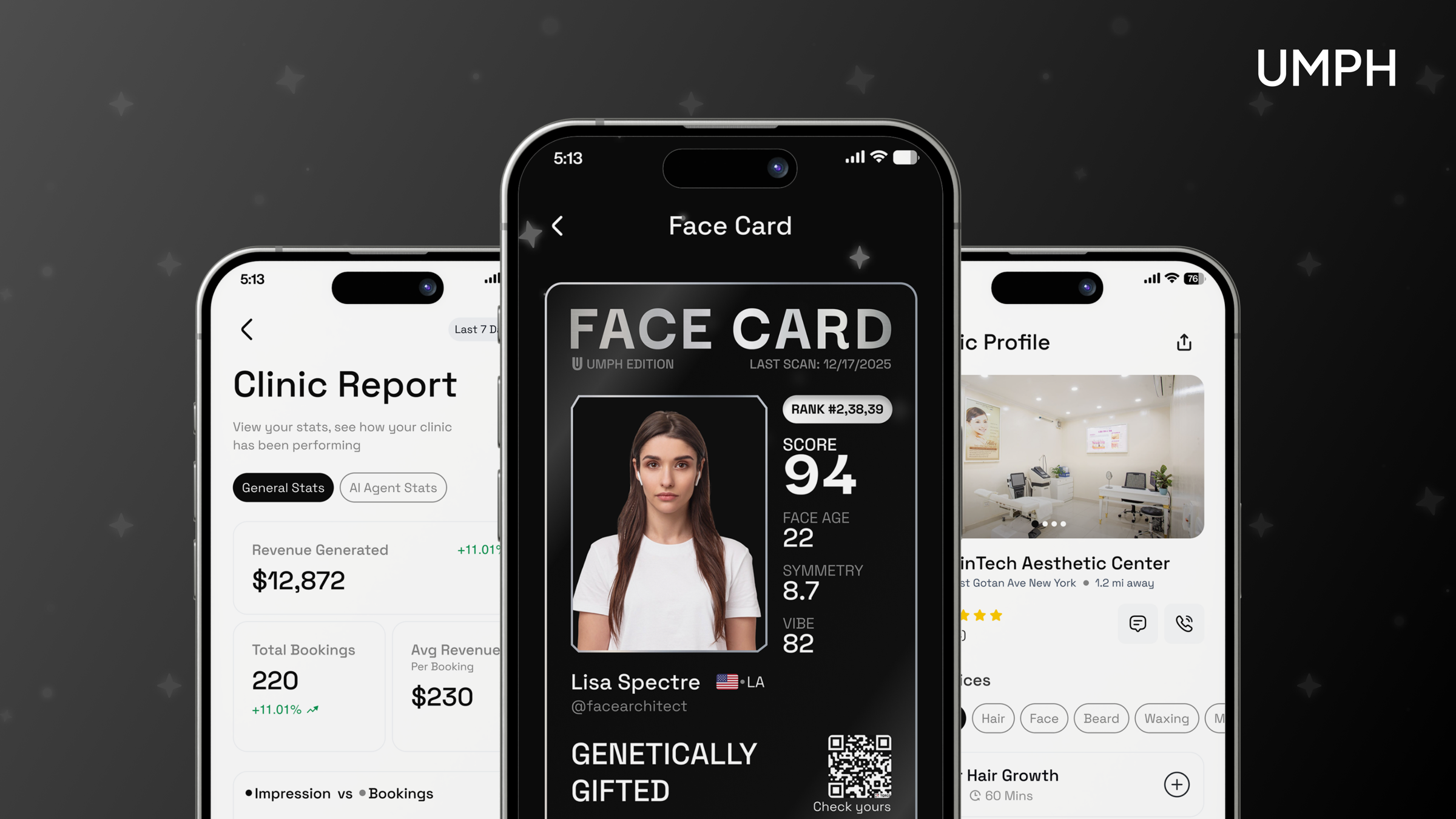 UMPH beauty and wellness app showing Face Card, clinic reports, and clinic profiles